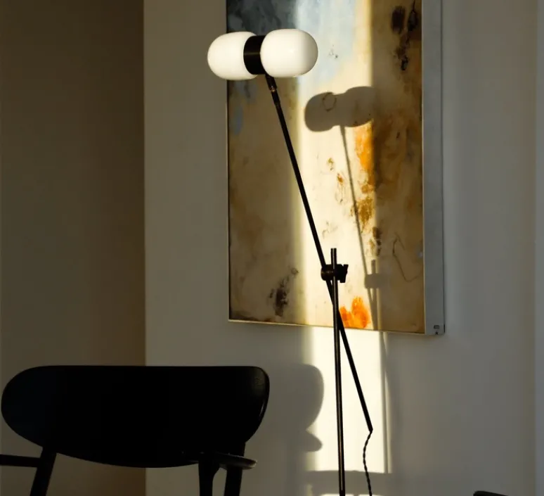 Lampadaire*Contain Lampadaire, Nuvol double, , pied en travertin, Ø28cm, H150cm - noir mat