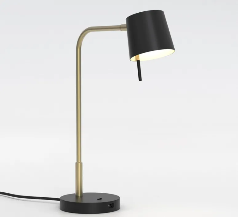 Lampe*Astro Lampe à poser, Miura Desk USB, base or mat, abat-jour noir mat, LED, 2700k, 367 lm, L15cm, H45,3cm - or mat, noir mat