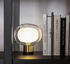 Lampe*Tooy Lampe à poser, Nabila 552.36, , IP40, Ø16cm, H17,5cm - noir matt, laiton brossé et verre transparent