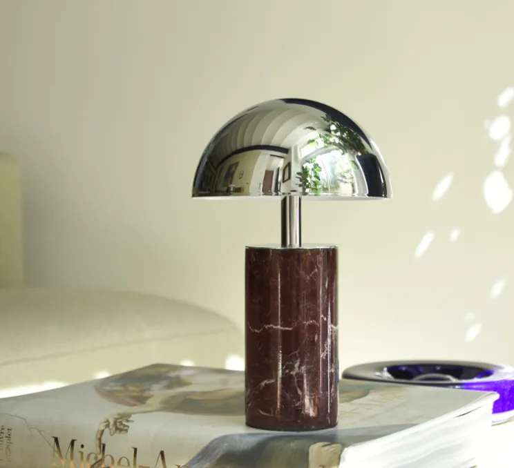 Lampe, Baladeuse, Adei, Marbre rouge, abat-jour chrome, IP44, LED, dim, 3000K, 350 lm, Ø15cm, H23cm - BACCARIS