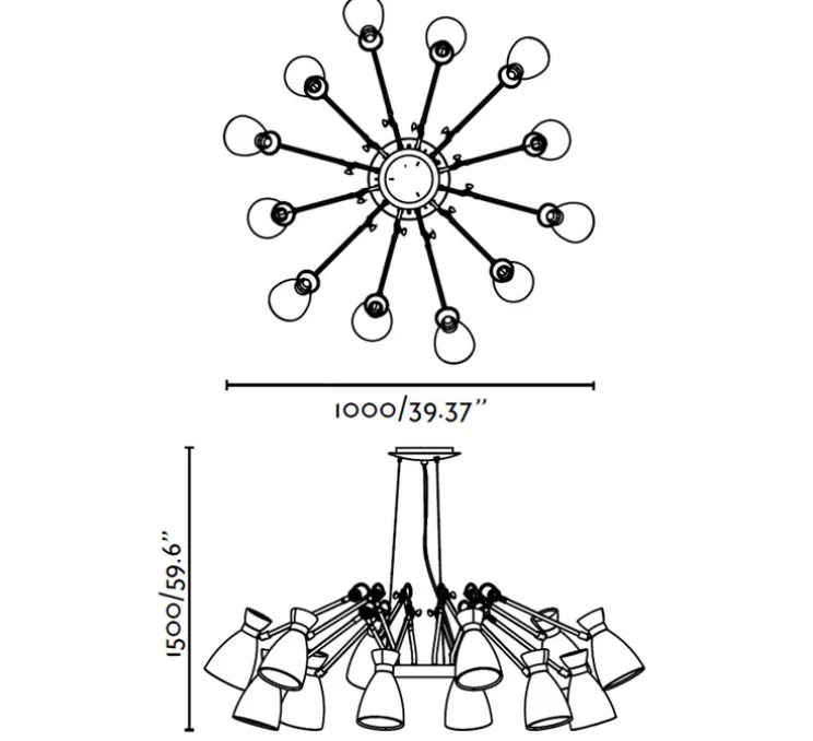 Lustre, 12 branches, Retro, noir et or, Ø100cm, H50cm - FARO