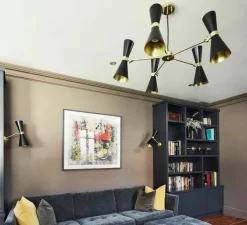 Lustre, Cairo, cinq Bras, noir mat poudré, laiton poli, Ø80cm, H36cm - Mullan Lighting