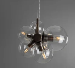 Lustre, Moriarty, noir mat, laiton antique, globe transparent, L127cm, H144,5cm - Mullan Lighting