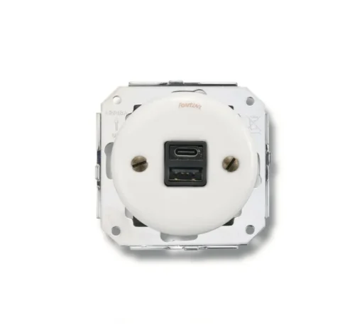 Prise*Fontini Mécanisme, Garby Colonial, Simple, Prise-USB A/C x1, Porcelaine blanc, L7,2cm, H6,4cm -
