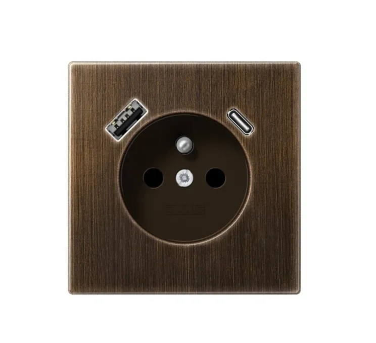 Mécanisme, LS 990, Simple, Laiton ancien, Prise-2P+T x1, Prise-USB A x1, Prise-USB C x1, L7cm, H7cm - Jung