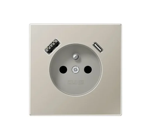Prise*Jung Mécanisme, LS 990, Simple, Métal Inox, Prise-2P+T x1, Prise-USB A/C x1, L7cm, H7cm -
