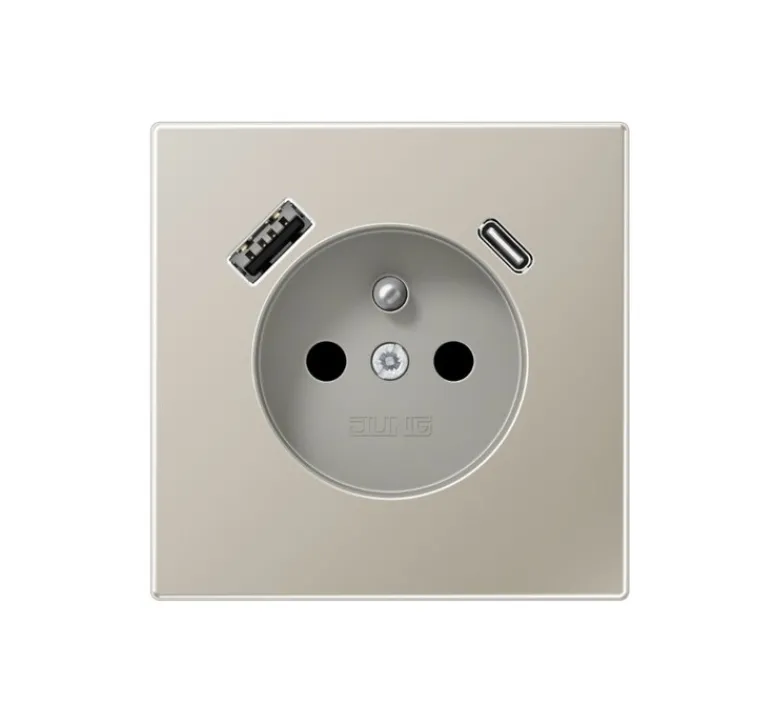 Prise*Jung Mécanisme, LS 990, Simple, Métal Inox, Prise-2P+T x1, Prise-USB A/C x1, L7cm, H7cm -
