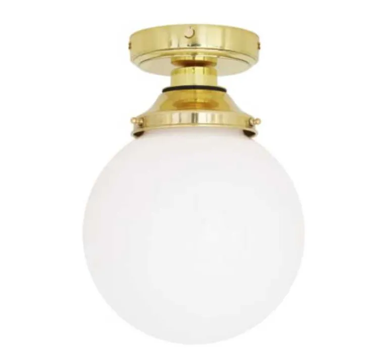 Plafonnier & Spot*Mullan Lighting Plafonnier, Deniz, laiton, globe opale, IP44, Ø20cm, H28cm - blanc, laiton