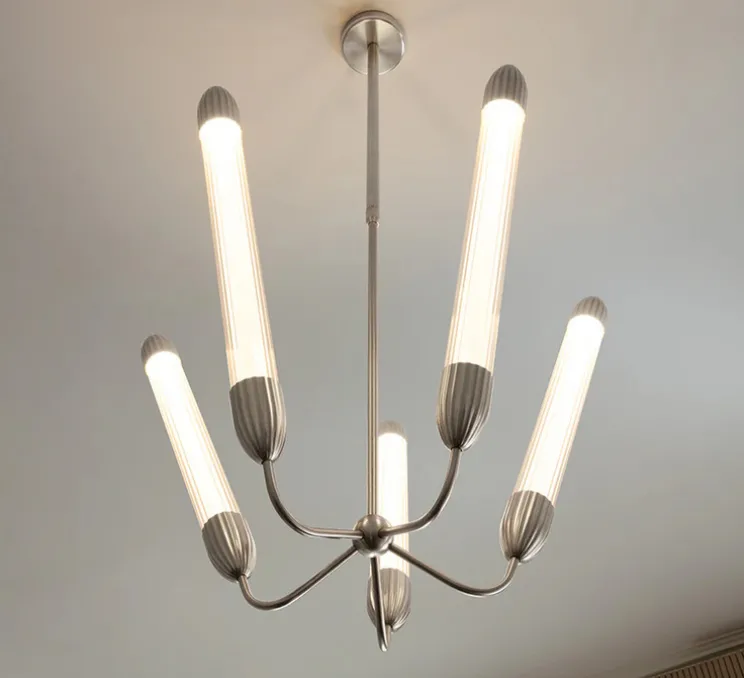 Plafonnier, Lemon squeeze penta long, acier poli, verre opalin, Ø85,6cm, H99-154cm - Umage