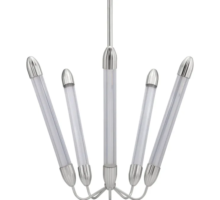 Plafonnier, Lemon squeeze penta long, acier poli, verre opalin, Ø85,6cm, H99-154cm - Umage