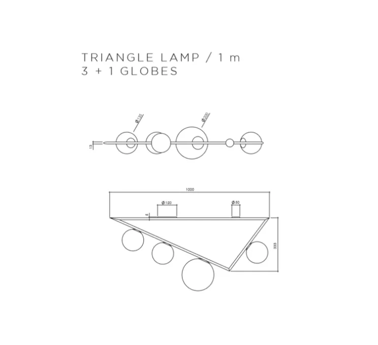 Plafonnier, Triangle 3+1, laiton, L100cm, H33,3cm - Atelier Areti