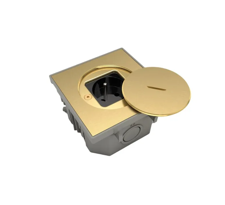 Prise*Modelec Prise, Bubox Classic, Simple, Laiton brut brossé, Prise de sol 2P+T x1, L10cm, H10cm -