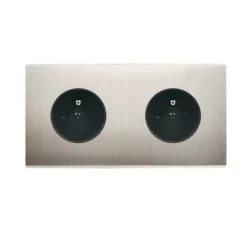 Prise, Confidence, Double horizontal, Nickel satiné, Prise-2P+T, x2, Noir, L15,1cm, H8cm - Modelec