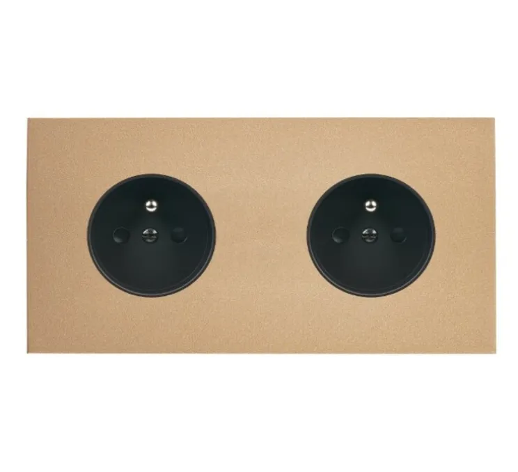 Prise, Désir, Double horizontal, Doré mat, Prise-2P+T x2, Noir, L15,1cm, H8cm - Modelec