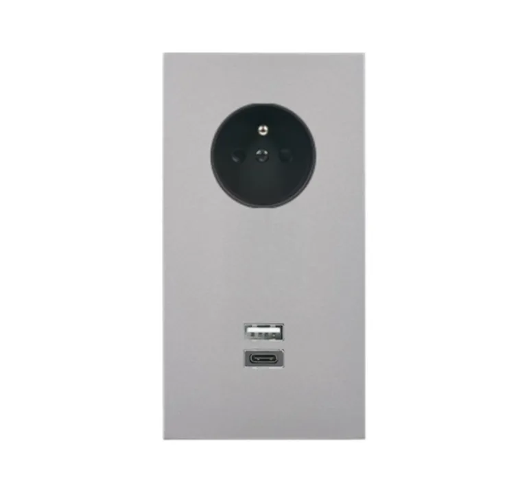 Prise*Modelec Prise, Désir, Double vertical, Aluminium mat, Prise-2P+T x1, Prise-USB A/C x1, L8cm, H15,1cm -