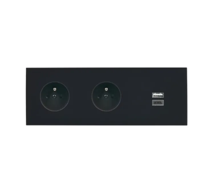 Prise, Désir, Triple horizontal, Noir mat, Prise-2P+T x2, Prise-USB A/C x1, L22,2cm, H8cm - Modelec