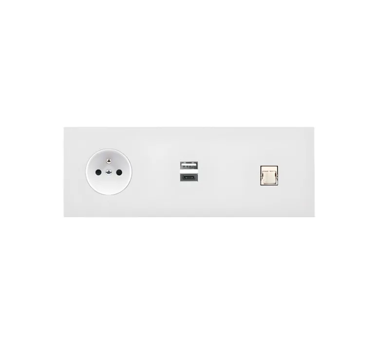 Prise*Modelec Prise, Désir, Triple horizontal, Blanc mat, Prise-PC x1, Prise-USB C x2, Prise-RJ45 x1, L22,2cm, H8cm -