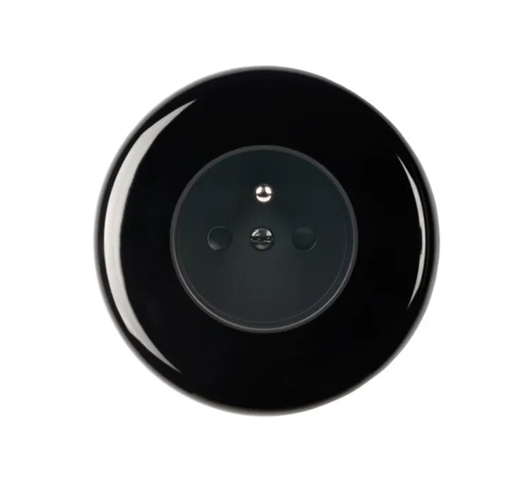 Prise, Iris, Simple, Porcelaine noir, Prise-2P+T x1, L8cm, H8cm - Modelec