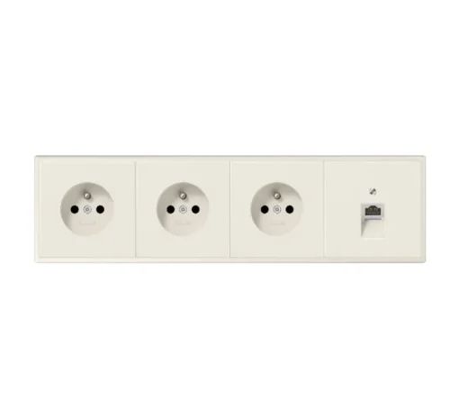 Prise*Jung Prise, LS 990, Quadruple horizontal, Ivoire, Prise-2P+T x3, Prise-RJ45 x1, L29,4cm, H8,1cm -