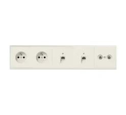 Prise, LS 990, Quintuple horizontal, Ivoire, Prise-2P+T x2, Prise-RJ45 x2, Prise TV-FM-SAT x1, L36,5cm, H8,1cm - Jung