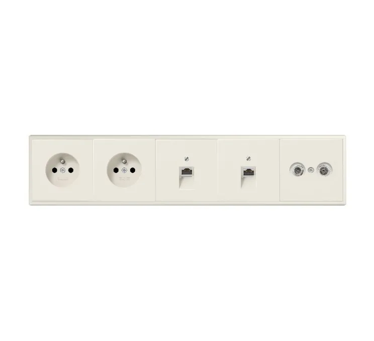 Prise, LS 990, Quintuple horizontal, Ivoire, Prise-2P+T x2, Prise-RJ45 x2, Prise TV-FM-SAT x1, L36,5cm, H8,1cm - Jung