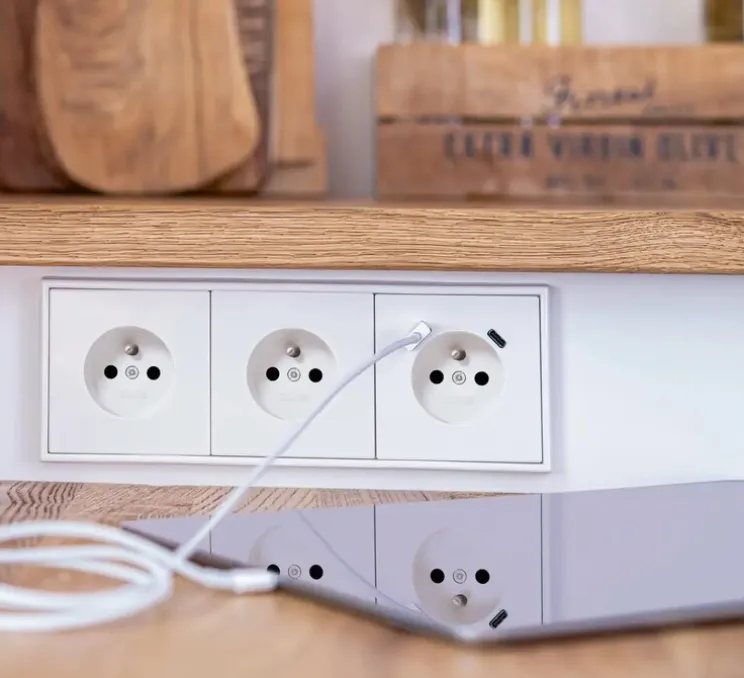 Prise, LS 990, Triple horizontal, Blanc mat, Prise-2P+T x3, Prise-USB A/C x1, Blanc mat, L22,3cm, H8,1cm - Jung