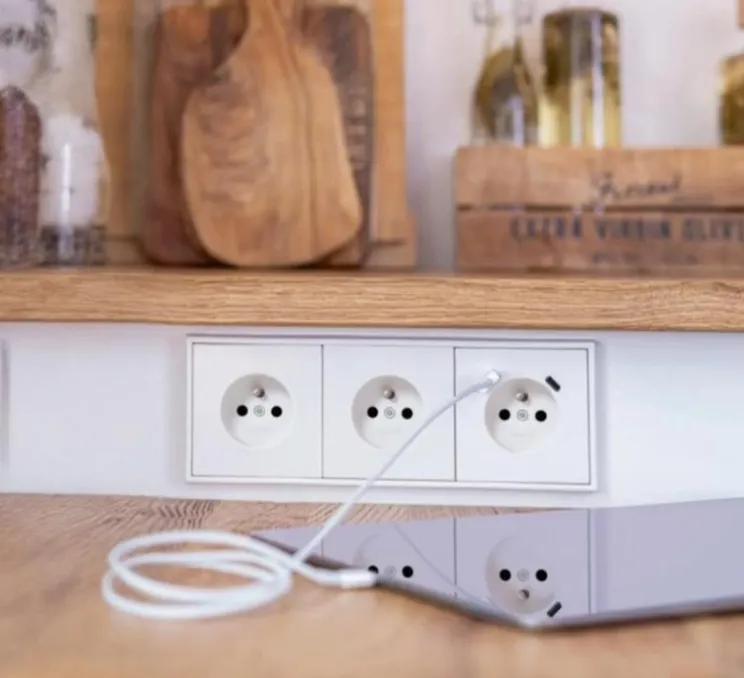 Prise, LS 990, Triple horizontal, Blanc mat, Prise-2P+T x3, Prise-USB A/C x1, Blanc mat, L22,3cm, H8,1cm - Jung