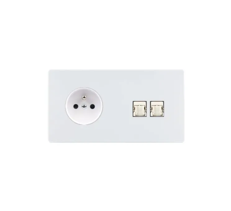 Prise, M, Double horizontal, Blanc mat, Prise-2P+T x1, Prise-RJ45 x2, L15,1cm, H8cm - Modelec