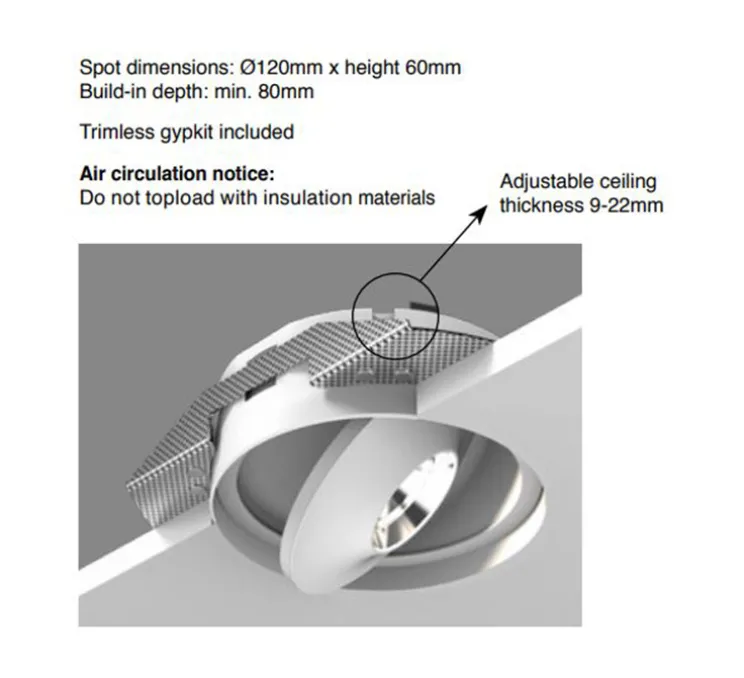 Spot encastrable, FlatLED T2 (Reflector) Trimless, Angle 43°, blanc mat, dim, LED, 3000K, 1388lm, Ø12cm, H6cm - Doxis