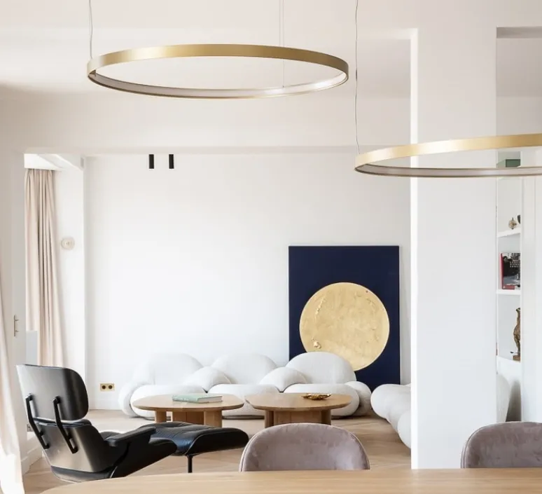 Suspension*Panzeri Suspension & Rosace, ZERO ROUND M03301, laiton, LED, dim-dali 2700k, 4974lm, Ø97cm, H5cm - blanc