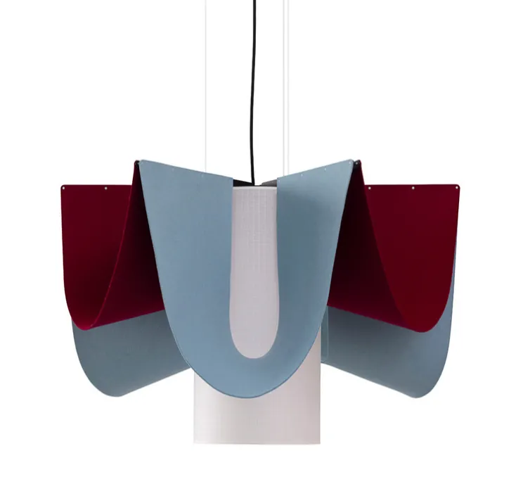 Suspension accoustique, Ondine large, Bleu clair, bordeaux et papier blanc, Ø90cm, H57cm - DesignHeure