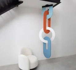 Suspension acoustique, Résonance 1 anneau 2 Maillons, Bleu clair, orange, gris bleu et blanc, LED, 3000K, 2990 lm, Ø66cm, H212cm - DesignHeure