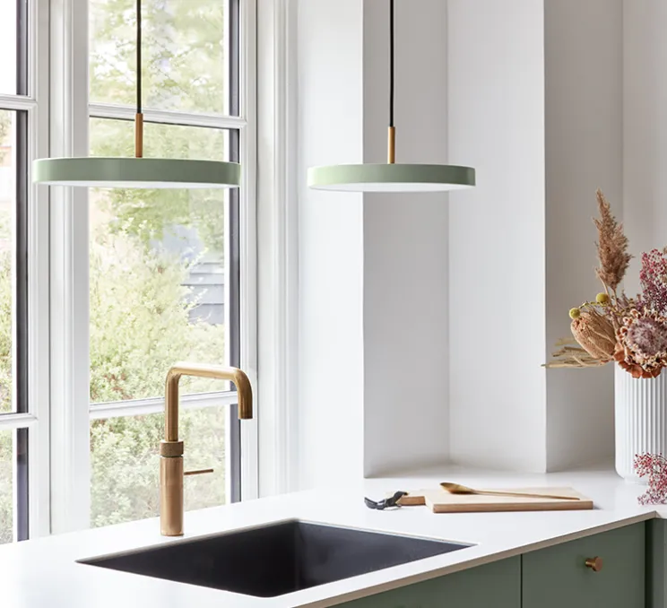 Suspension, Asteria Mini, olive et laiton, LED, 3000K, 1200lm, Ø31cm, H10.5cm - Umage