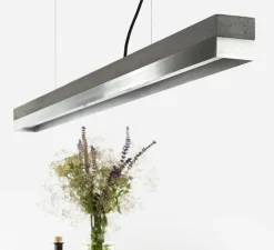 Suspension, [C1], béton gris foncé, acier inoxydable, LED, 2700k, 2100lm, L122cm, H8cm, dimmable - GANTLIGHTS