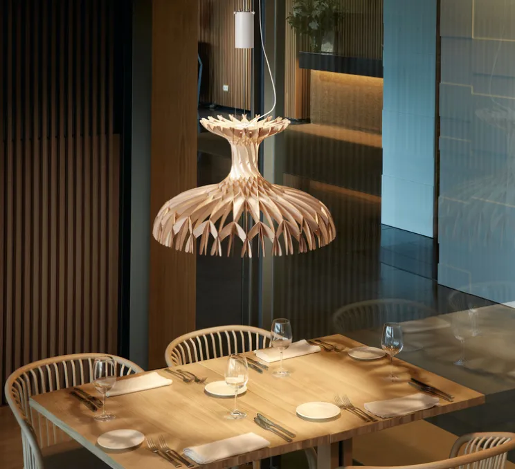 Suspension, Dome 60 / 02, Bois naturel, LED, 2700K, 2664lm, Ø60cm, H38cm - Bover