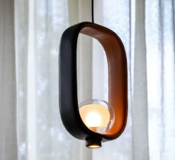 Suspension*Tooy Suspension, Filipa, 555.22, , IP40, L28cm, H45cm - noir texturé, cuir noir et marron