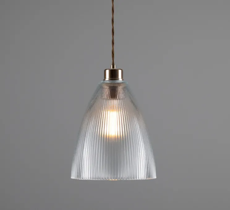 Suspension, Holophane, transparent, laiton antique, Ø20cm, H30cm - Mullan Lighting