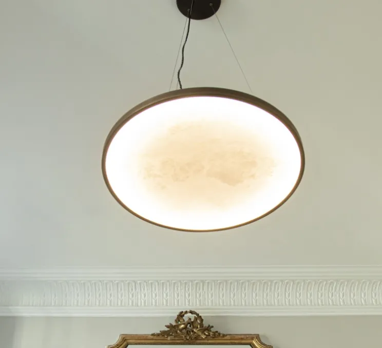 Suspension, Hublot 700 , bronze, albâtre veines marron, IP20 dimmable, LED, 2700K, 945lm, L70cm, H70cm - Entrelacs