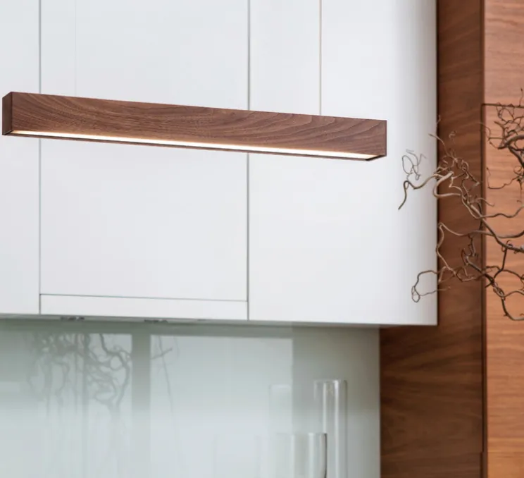 Suspension, L 60, bois, noyer, LED, DALI, microprisme, 2700K, 2000 lm, L88cm, H6cm - Tunto