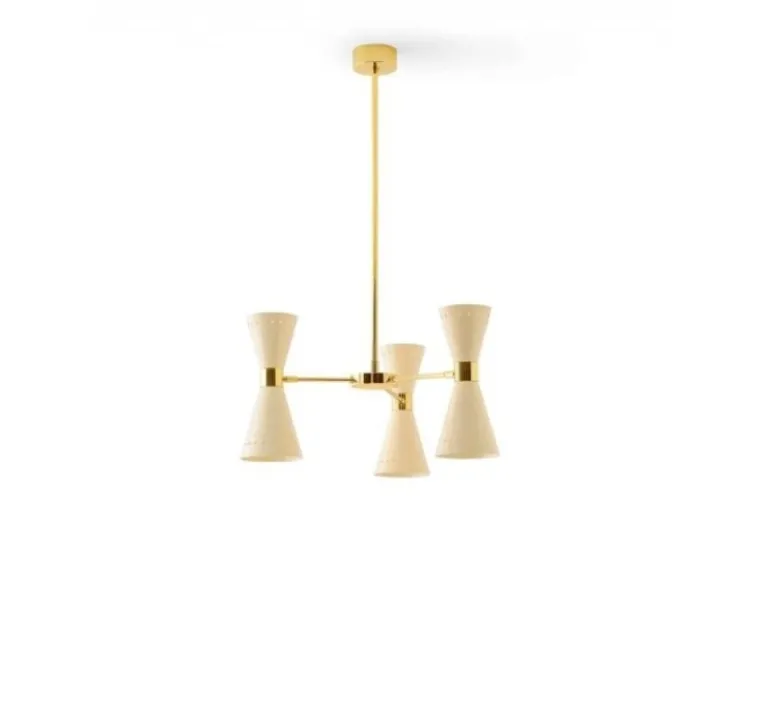 Suspension*Stilnovo Suspension, Megafono, 3 bras, 6 abat-jour, , L53,7cm, H31cm - Ivoire et or