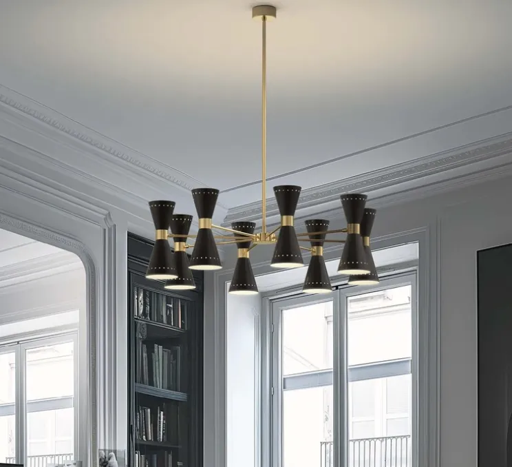 Suspension, Megafono , noir, laiton, 8 abat-jour, Ø99,9cm, H93,8cm - Stilnovo