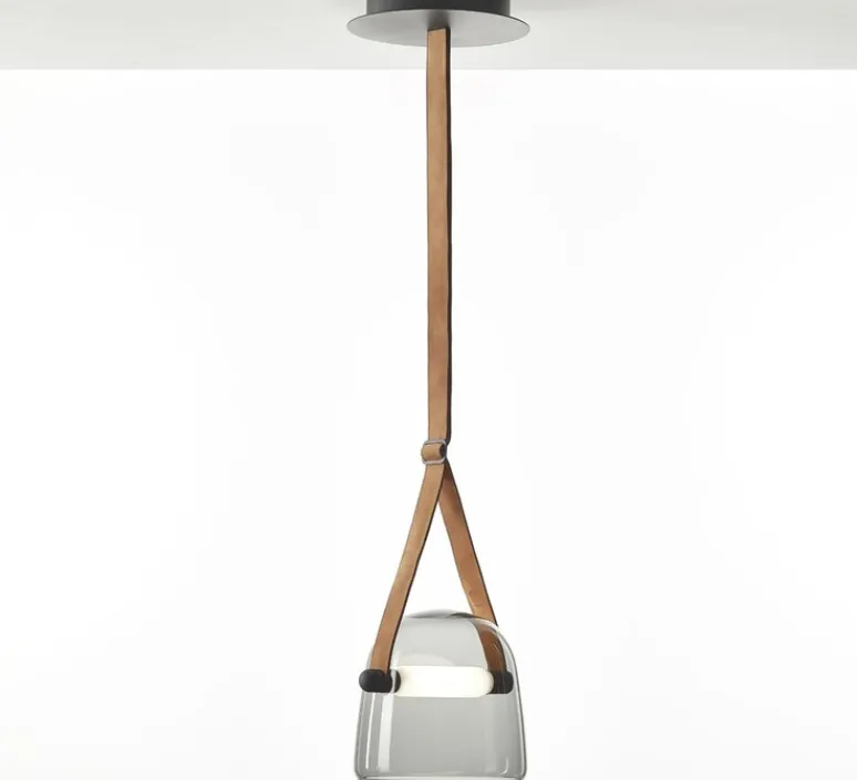 Suspension*Brokis Suspension, Mona Medium, , LED, 2700K, 266 lm, Ø27cm, H26cm - corps noir, verre gris fumé, sangle naturelle