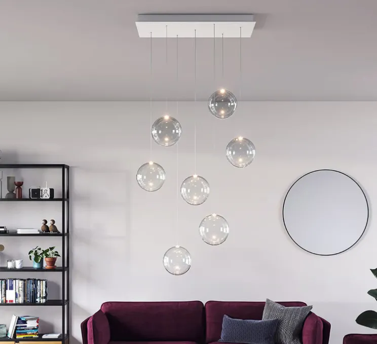 Suspension, Random solo cluster 7 pièces avec rosace, transparent, LED, dim, 2700K, 150 lm, L70cm, H54cm - Lodes