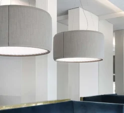 Suspension, Silenzio D79/120c, gris clair, acoustique, LED, dimmable DALI/Push, 3000K, Ø117cm, H45cm - Luceplan