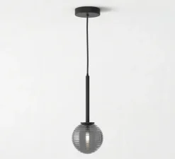 Suspension*Astro Suspension, Tacoma, , IP44, Ø13,5cm, H185cm - noir mat, abat-jour Tacoma Ribbed Glass fumé