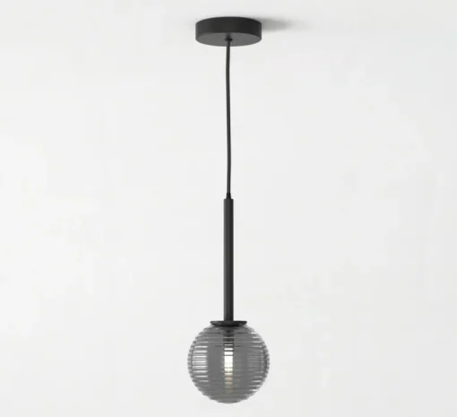 Suspension*Astro Suspension, Tacoma, , IP44, Ø13,5cm, H185cm - noir mat, abat-jour Tacoma Ribbed Glass fumé