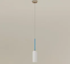 Suspension*Atelier Areti Suspension, Tulip 567, 1 cylindre, , Ø12cm, H150cm - blanc, structure nickel, boules bleus