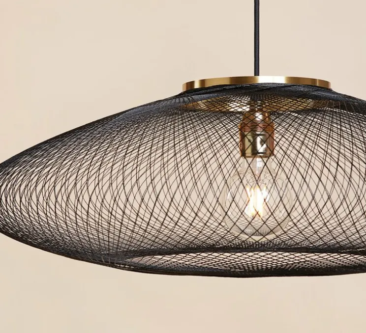 Suspension, ufo full, medium, noir charbon, bague laiton, câble noir, Ø60cm, H18cm - Atelier Robotiq