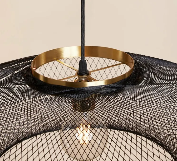 Suspension, ufo full, medium, noir charbon, bague laiton, câble noir, Ø60cm, H18cm - Atelier Robotiq